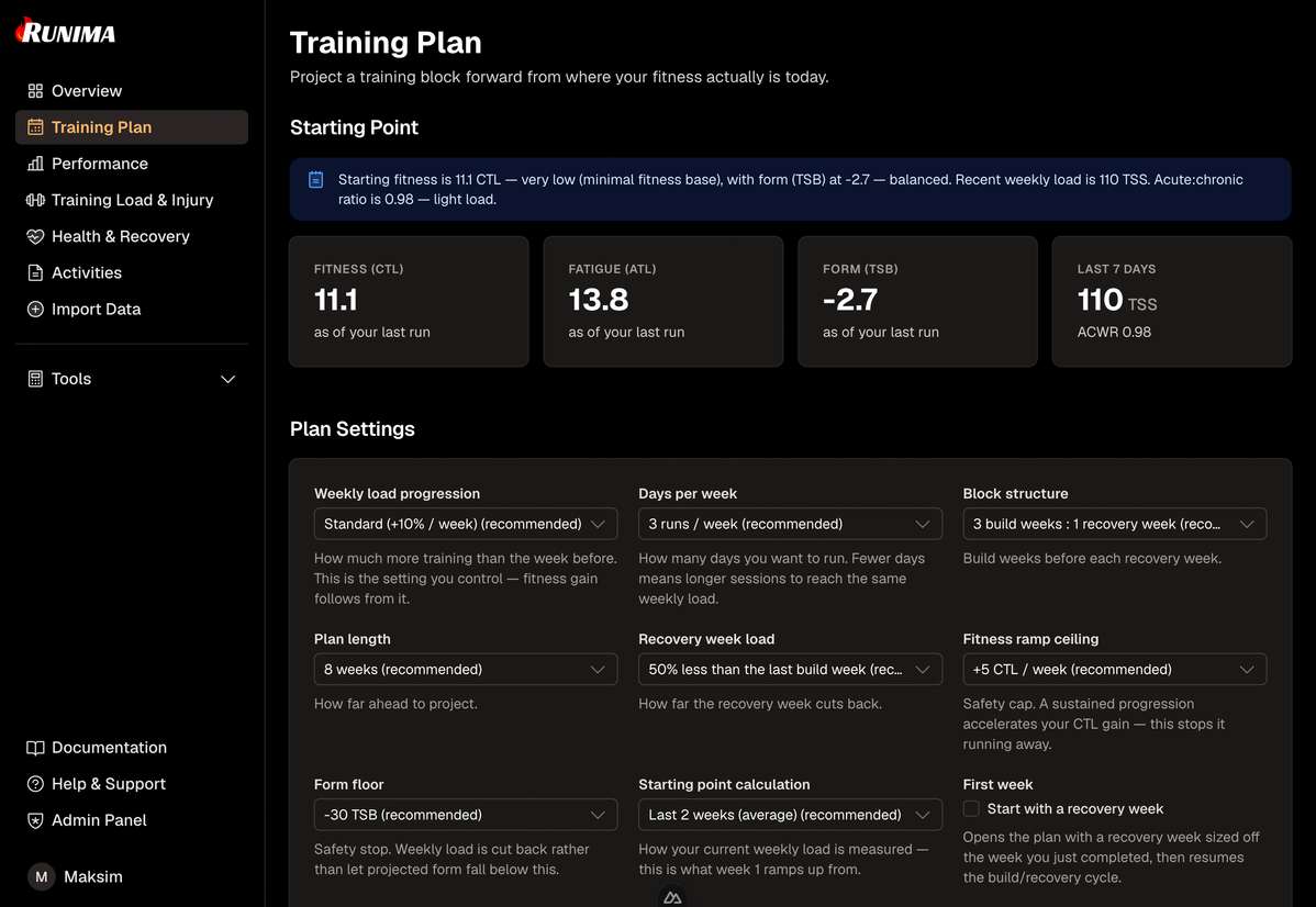 Runima Adaptive Training Plan view