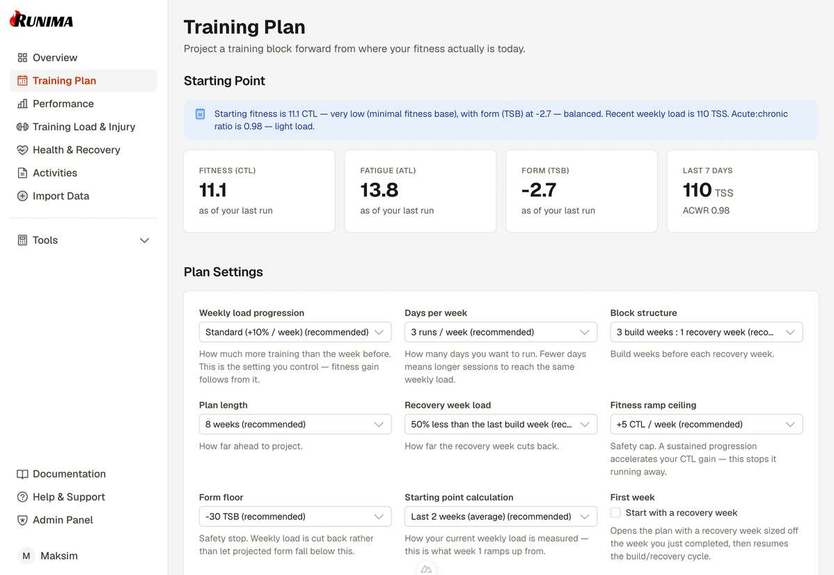 Runima Adaptive Training Plan view
