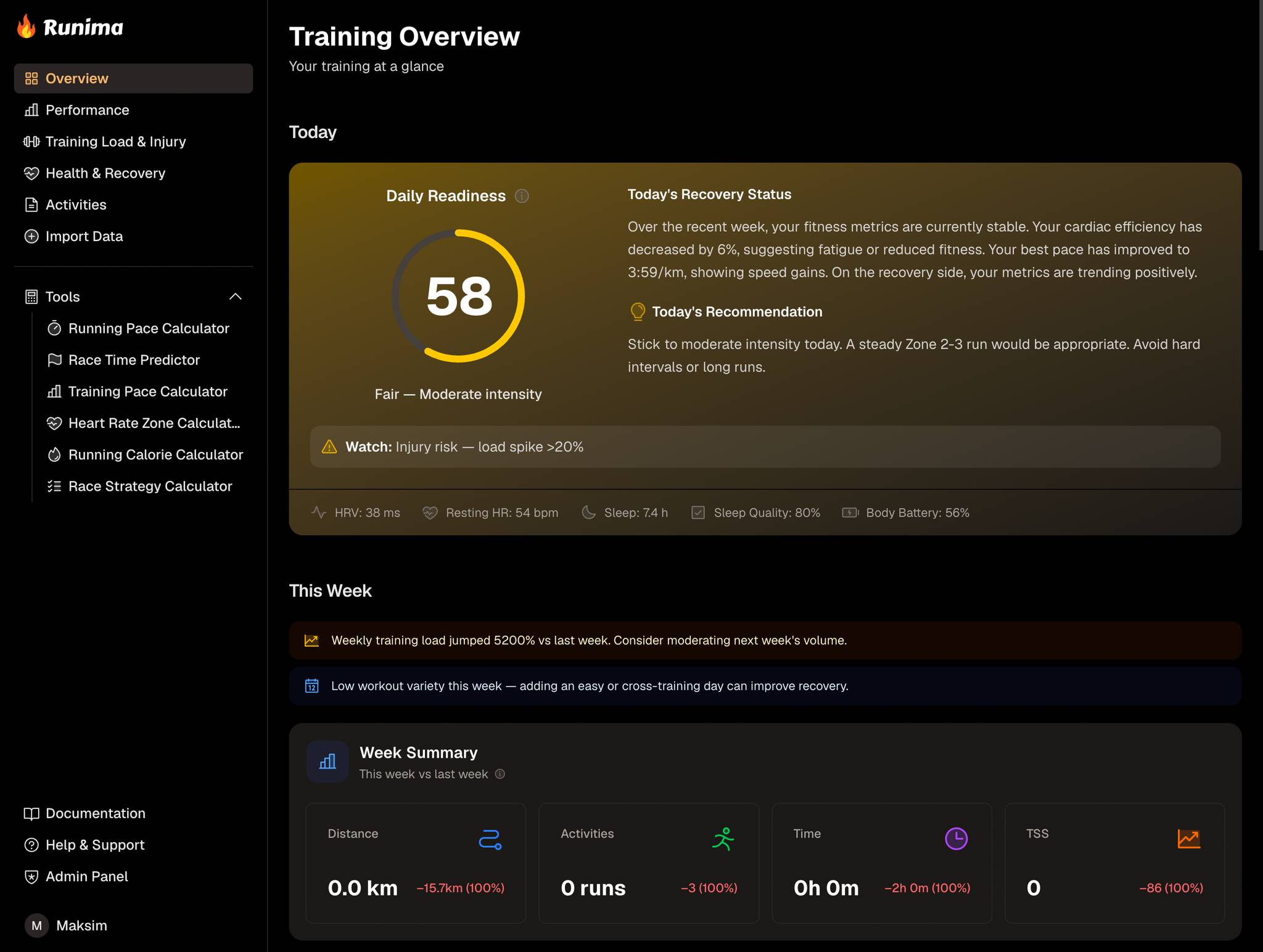 Runima training overview with daily readiness and weekly summary