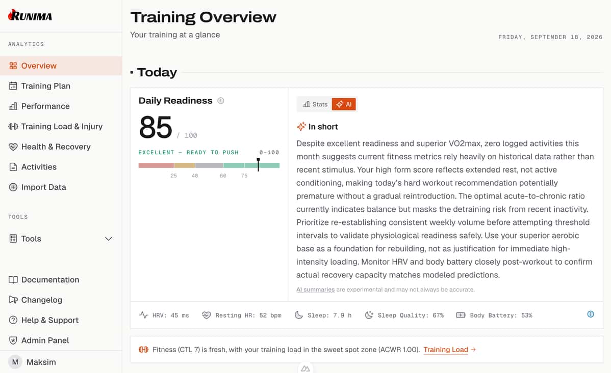 Runima Training insights view