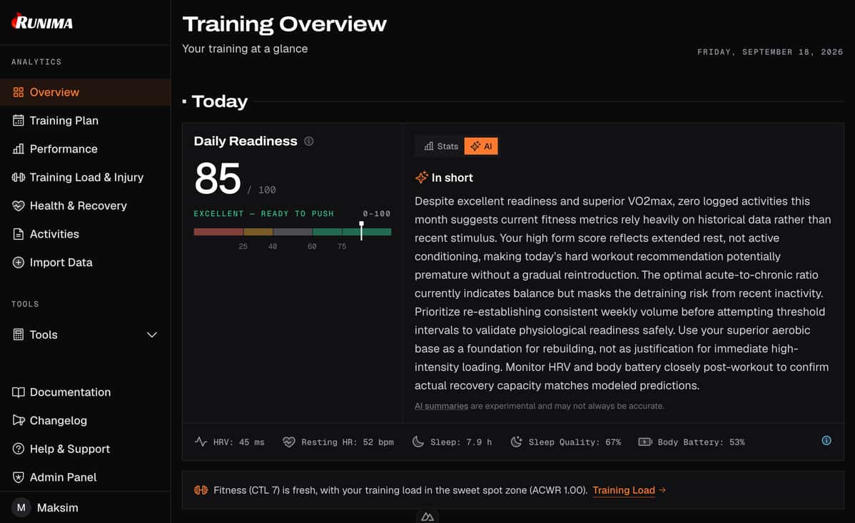Runima Training insights view