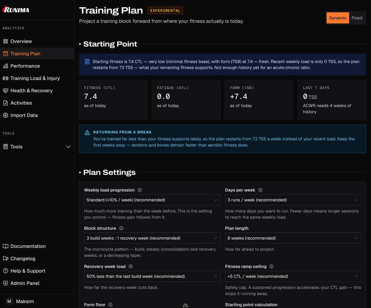 Runima Training plans view
