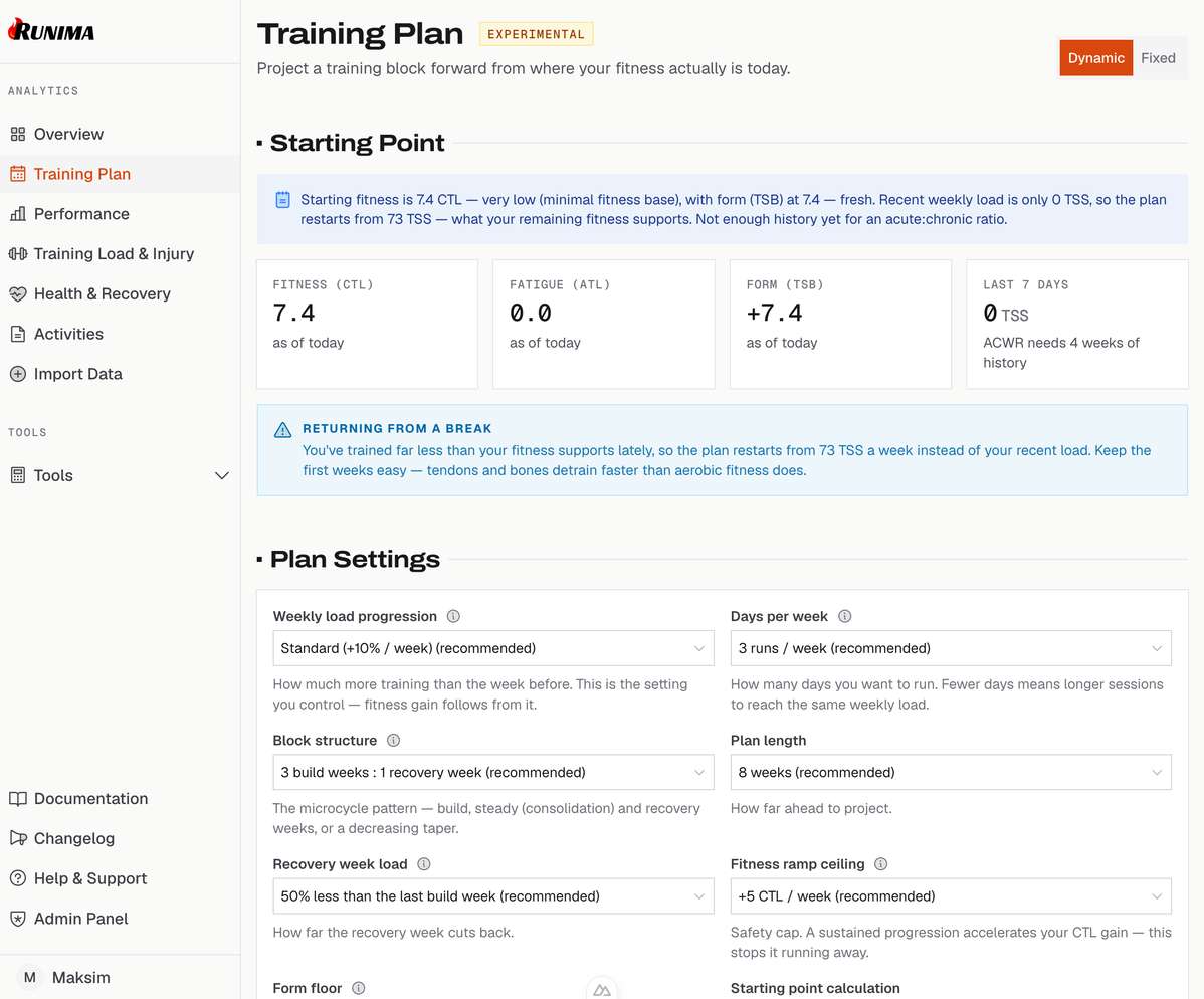 Runima Training plans view