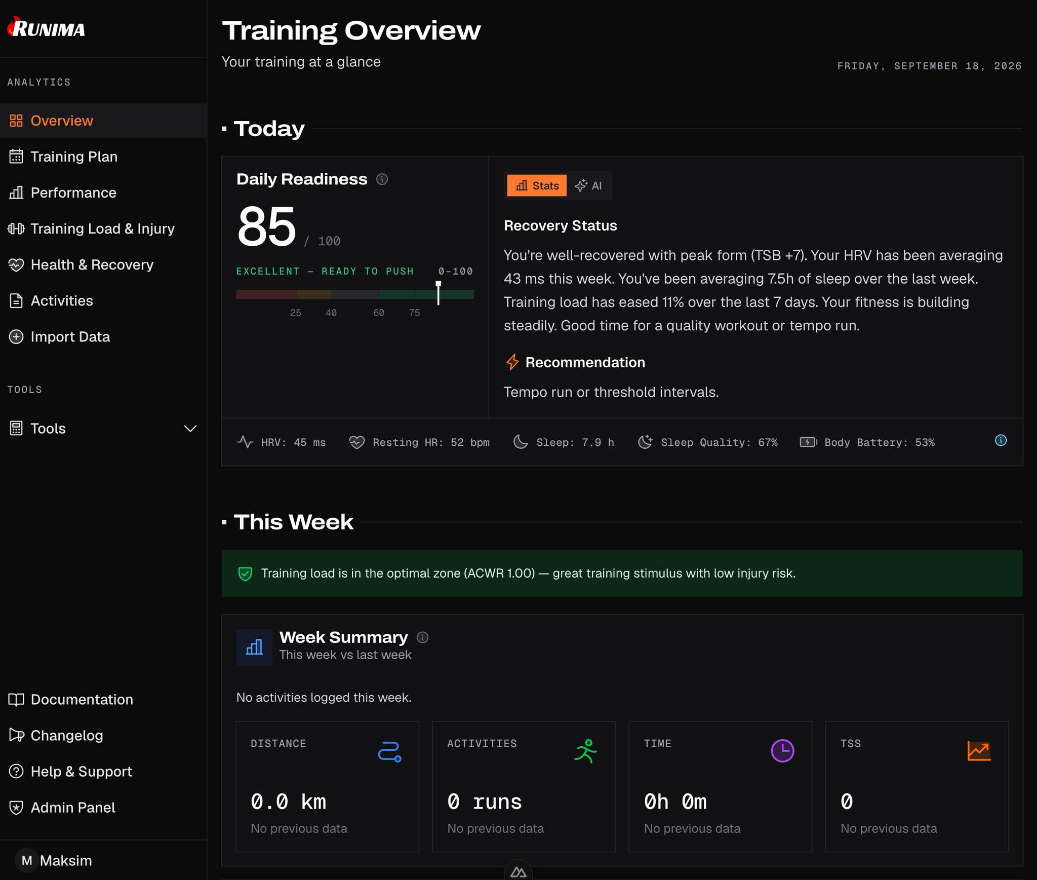 Runima training overview with daily readiness and weekly summary