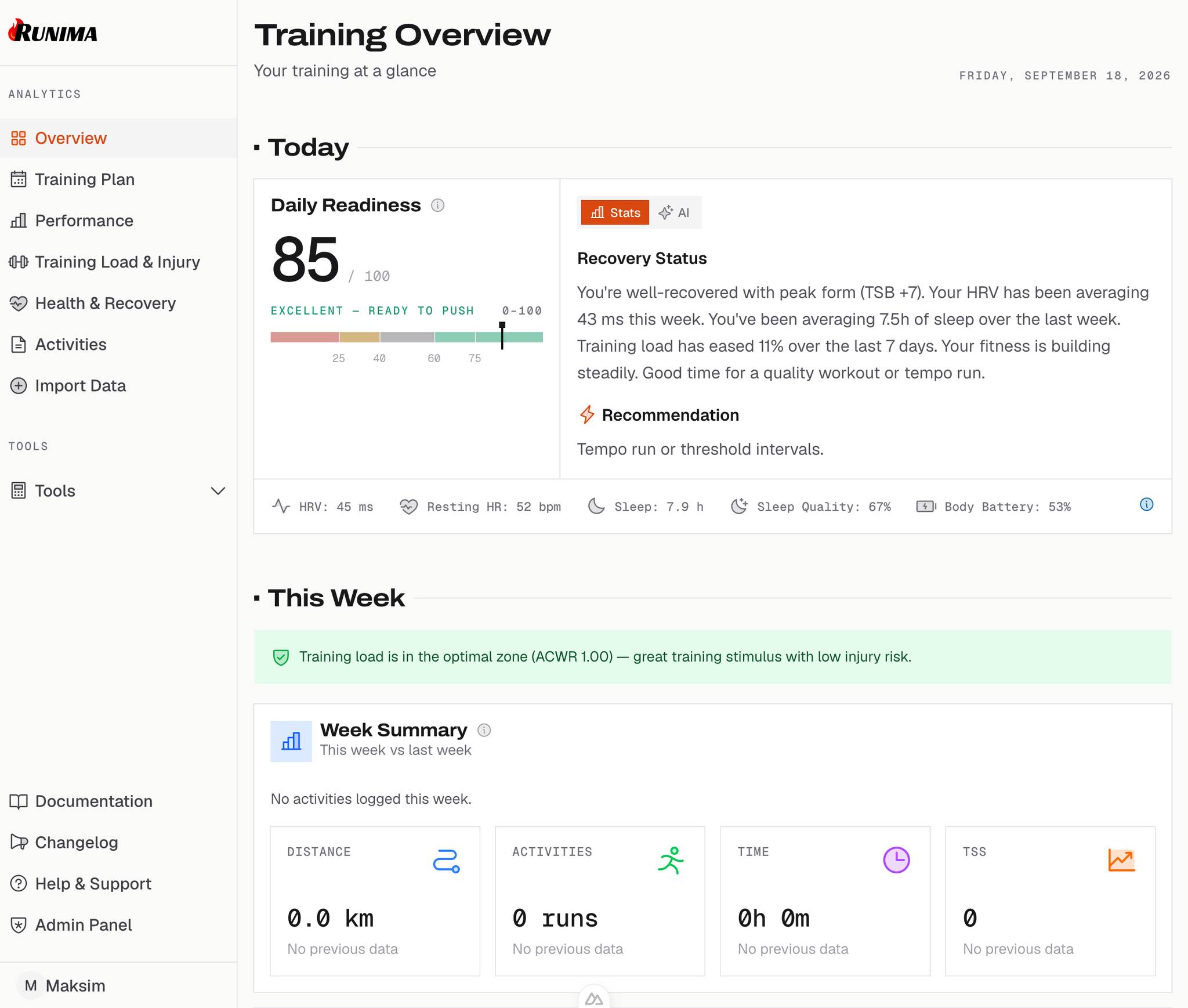 Runima training overview with daily readiness and weekly summary